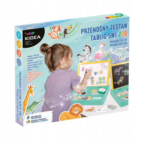 Przenośny Zestaw Tablic 5w1 magnetyczna ścieralna kredowa magnesy Zoo Kidea