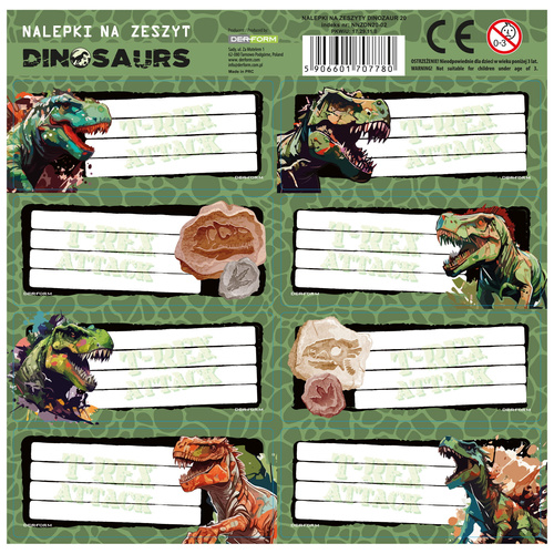 Naklejki nalepki na zeszyt Dinozaur arkusz z 8 nalepkami Derform