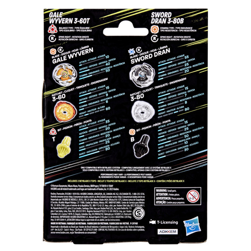 Beyblade X Gale Wyvern 3-60T i Sword Dran 3-80B Zestaw podwójny Hasbro G1543