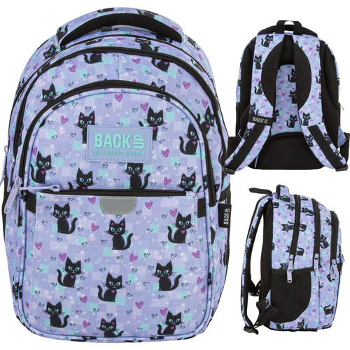 Plecak szkolny BackUP Magic Cats dla dziewczynki kot kotek fioletowy P16