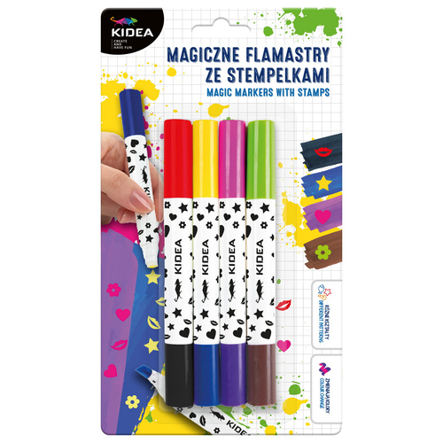 Magiczne Flamastry ze Stempelkami 2w1 dwustronne 4 pisaki 8 kolorów Kidea