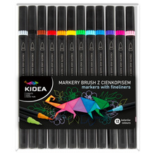 Markery Dwustronne Brush Pen 12 Kolorów Cienkopis Pędzelkowa Końcówka Kidea