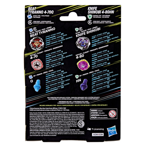 Beyblade X Beat Tyranno 4-70Q i Knife Shinobi 4-80HN zestaw podwójny Hasbro G1542