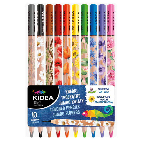 Kredki ołówkowe trójkątne Jumbo grafika kwiaty 10 kolorów Kidea