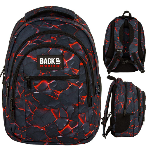 Plecak szkolny BackUP Blaze dla chłopca ogień lawa czarny czerwony O43