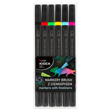 Markery Dwustronne Brush Pen 6 Kolorów Cienkopis Pędzelkowa Końcówka Kidea