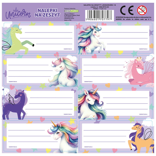 Naklejki nalepki na zeszyt Unicorn Jednorożec arkusz z 8 nalepkami Derform