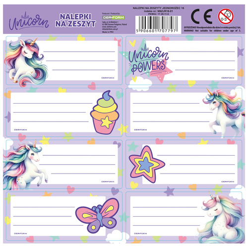 Naklejki nalepki na zeszyt Unicorn Jednorożec arkusz z 8 nalepkami Derform