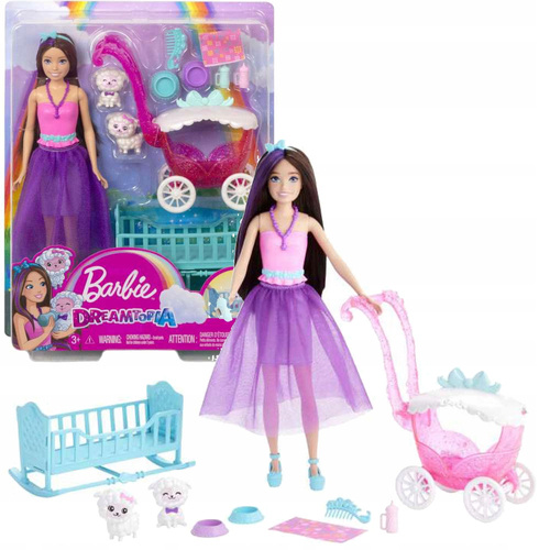 Barbie Lalka Skipper i zestaw do karmienia z owieczkami i wózkiem HLC29