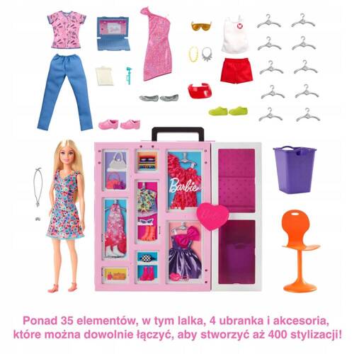 Barbie Zestaw Garderoba Szafa z ubrankami akcesoriami Lalka HGX57