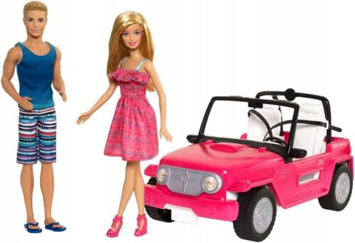 Barbie Zestaw Różowy Jeep Plażowy Lalka Barbie i Ken CJD12